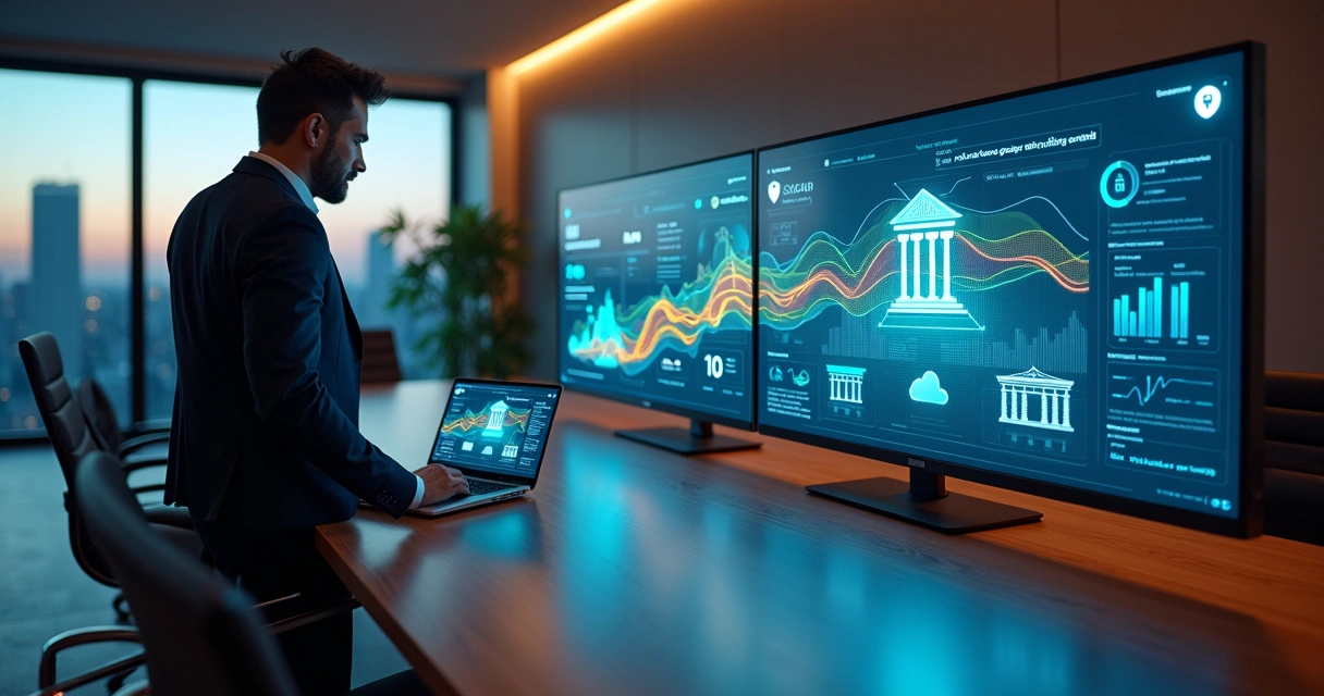 Executivo observa painel digital integrado com pagamentos eletrônicos e bancos