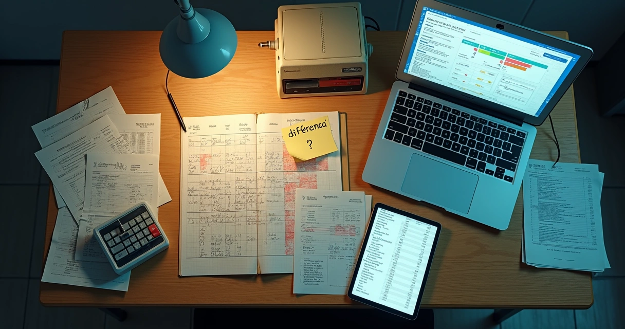 Mesa com extrato bancário, planilha em papel e notebook antigo em contraste com tablet moderno