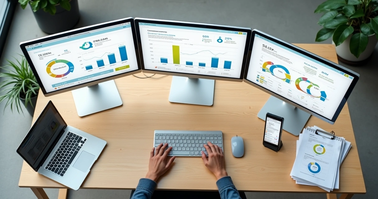 Mesa com telas exibindo dashboard financeiro integrado em vista superior