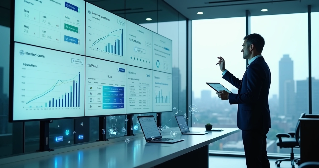 Executivo analisando painel financeiro integrado em tela gigante