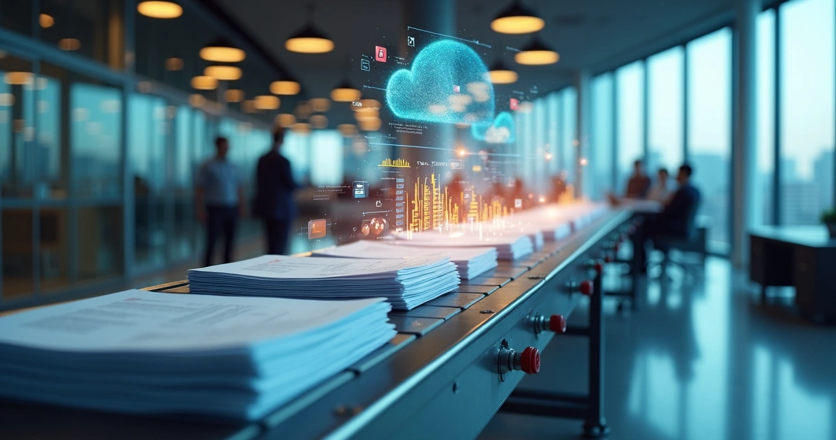 Linha de produção metálica transformando documentos em dados financeiros digitais