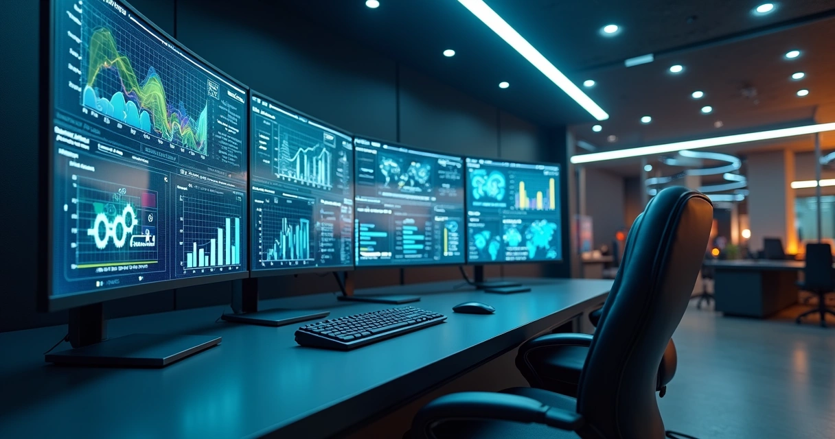 Engrenagens digitais luminosas integrando gráfico de fluxo de caixa em tela ampla