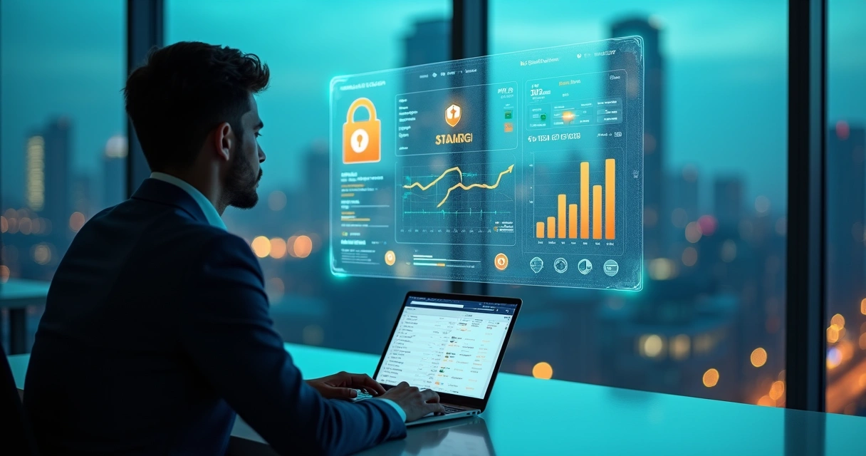 Gestor financeiro analisa painel de pagamentos digitais em tela holográfica com cadeado representando segurança