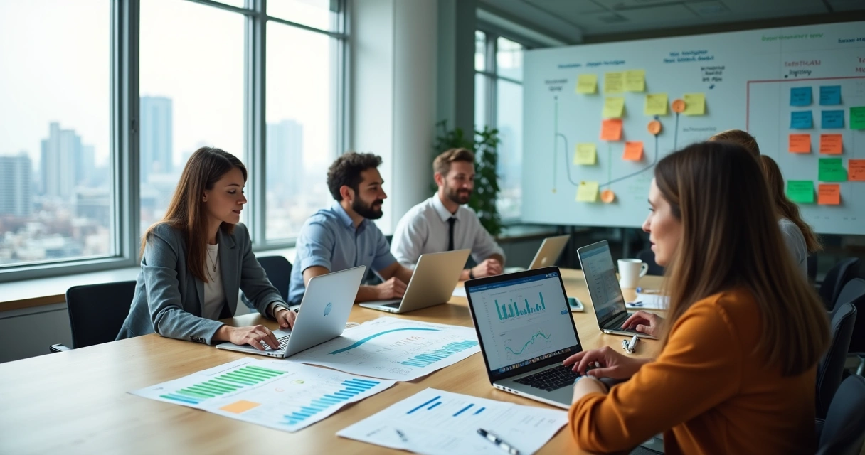 Equipe financeira colaborando em mesa com gráficos de fluxo de caixa digital