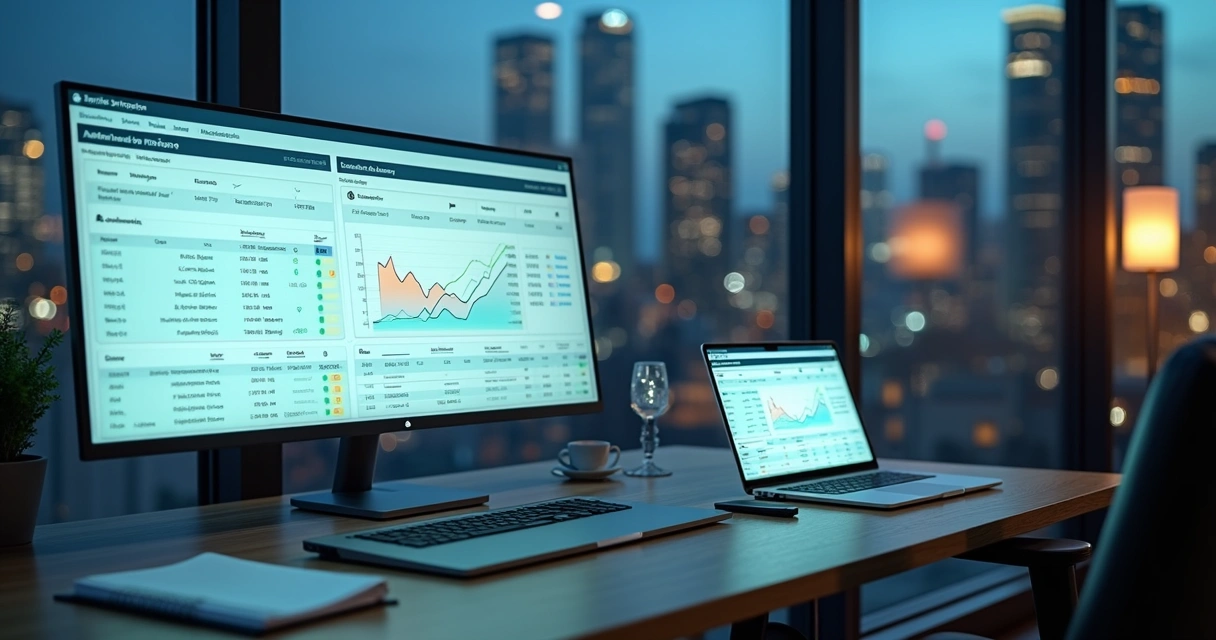 Painel financeiro digital com conciliação bancária automatizada em destaque