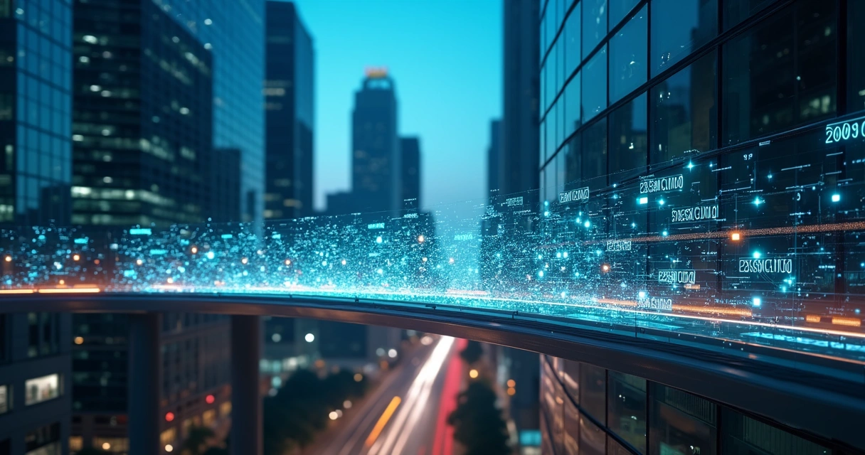 Ponte digital ligando prédios de banco e empresa com fluxos de dados organizados