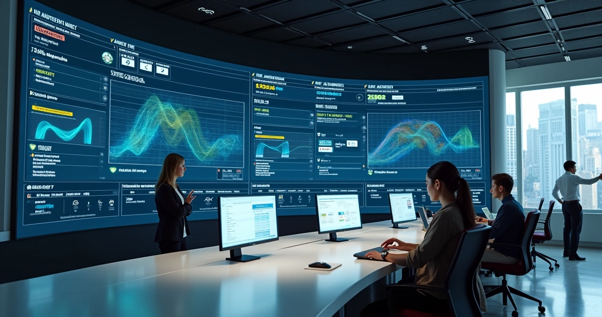 Painel de controle digital gigante mostrando automação de pagamentos e fluxo de caixa em tempo real