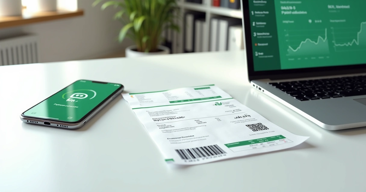 Documento de cobrança empresarial exibindo código de barras e QR Code Pix sobre mesa moderna