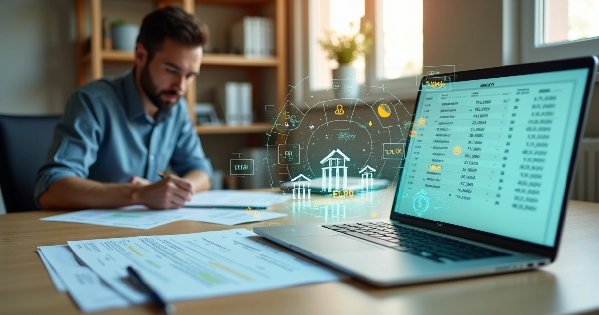 Profissional financeiro compara extrato bancário a painel digital de conciliação em escritório moderno