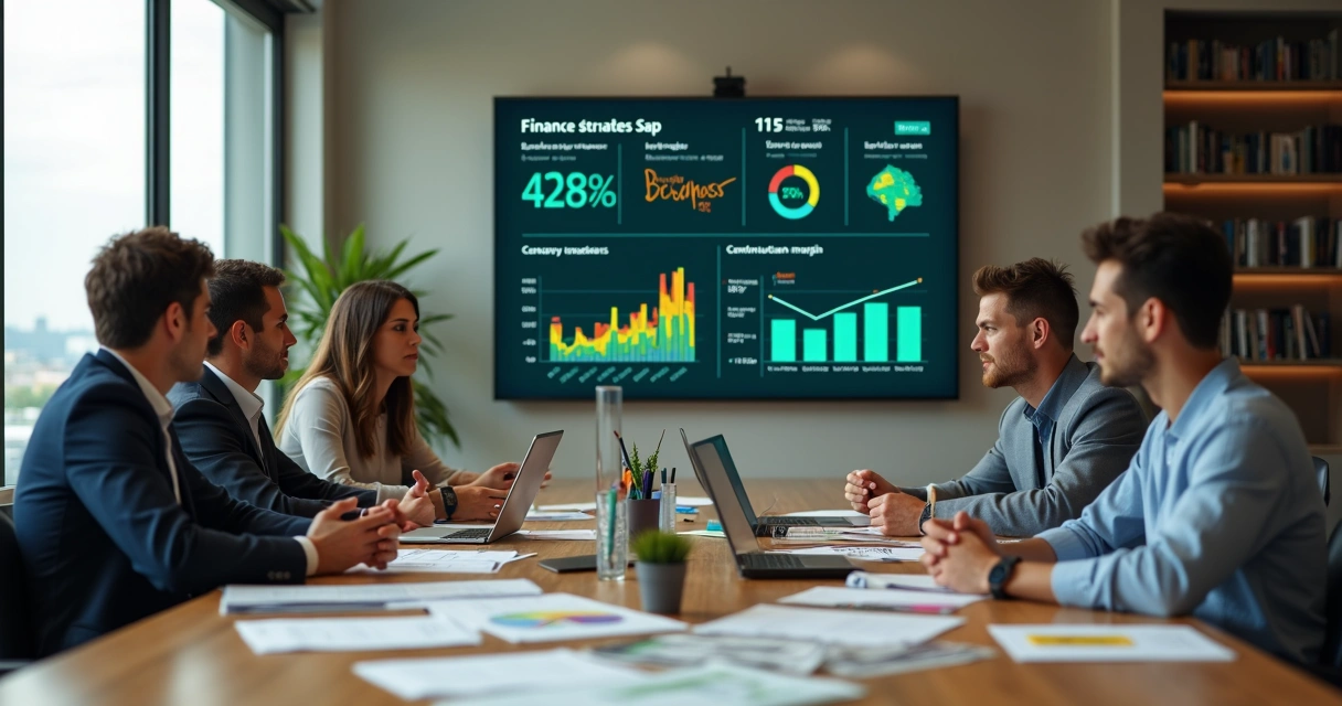 Equipe financeira ajustando precificação em painel digital com indicadores de lucro