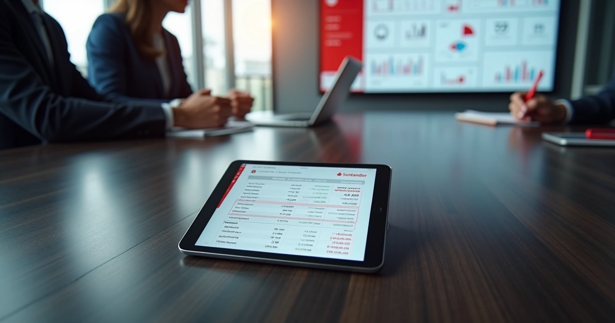 Mesa de reunião com tablet exibindo extrato bancário integrado a painel financeiro em tela grande