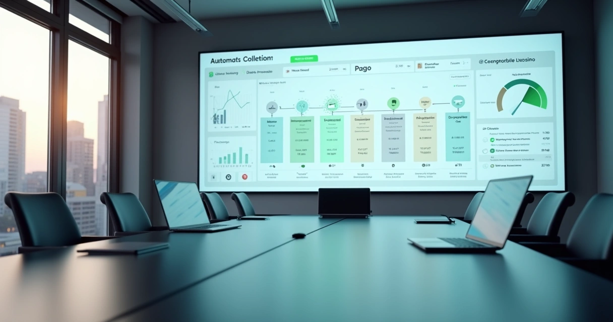 Painel digital exibindo fluxo automatizado de cobranças e pagamentos em escritório corporativo