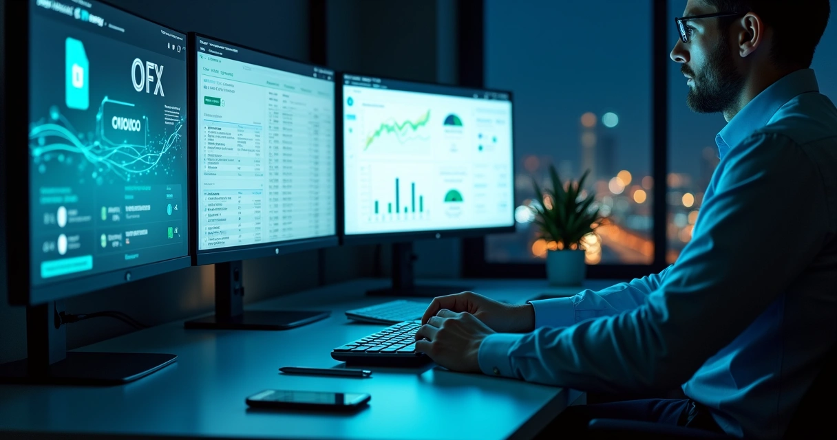 Interface financeira mostrando arquivo OFX sendo conciliado automaticamente com extrato bancário