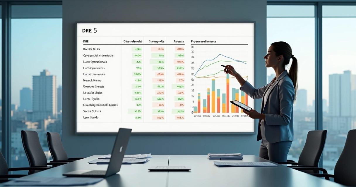 Gestora analisando grande painel de DRE com gráficos financeiros