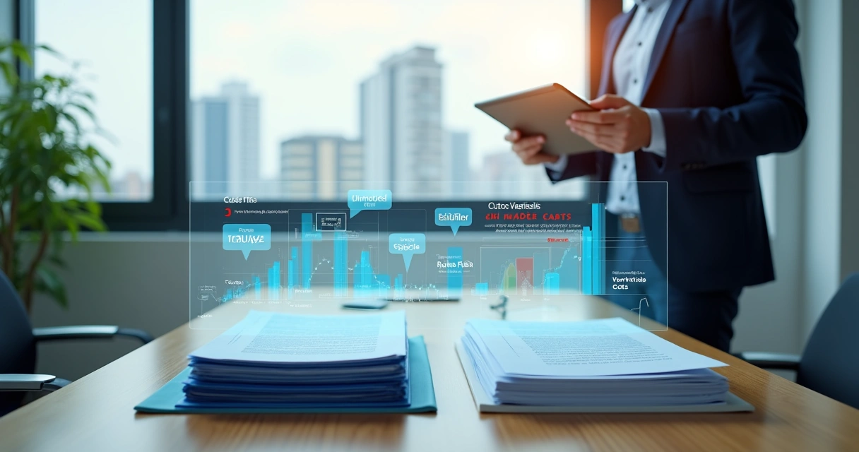 Gestor organizando custos variáveis em painel financeiro digital