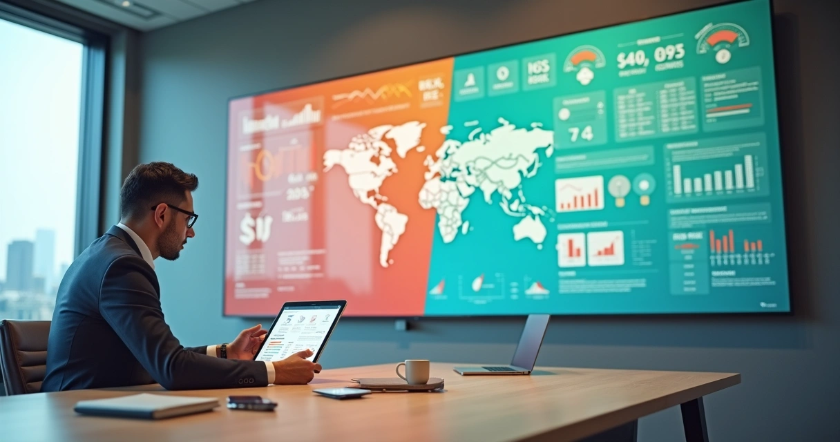 Gestor observa mural dividido entre riscos financeiros e planejamento de mitigação