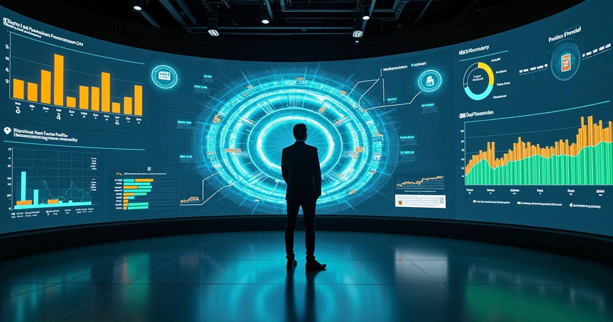 Gestor observa painel em 360 graus com pilares da gestão financeira digital
