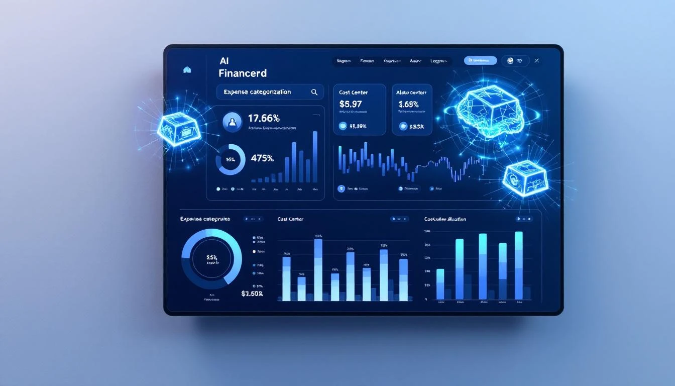 Dashboard de ERP exibindo categorização automática de despesas com ícones de inteligência artificial e gráficos de centro de custo em tempo real