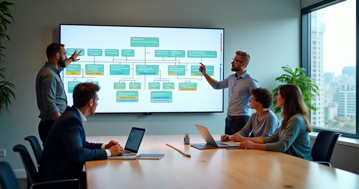 Equipe administrativa observando organograma digital em grande tela no escritório