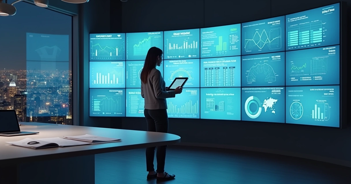 Gestora em pé diante de videowall analisando relatórios financeiros automatizados
