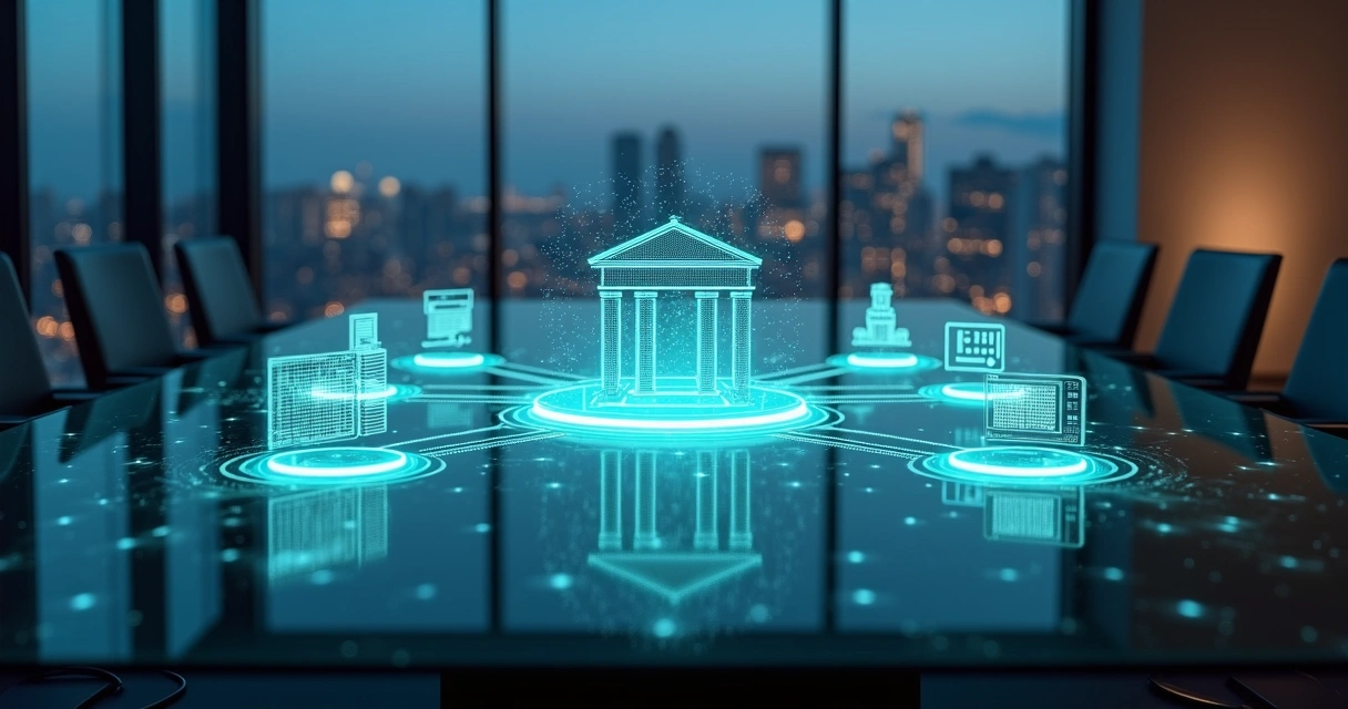 Rede digital conectando bancos e sistemas empresariais em um hub central